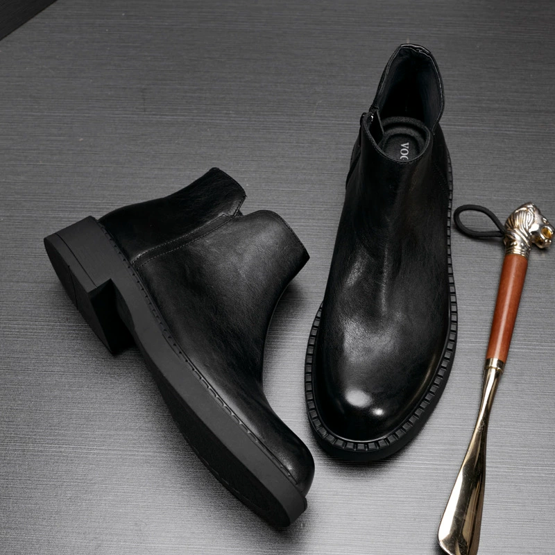 Сапоги мужские осенние и зимние сезоны кожаные толстые молнии Челси сапоги черные модные круглые головы повседневные высокие ботинки Martin