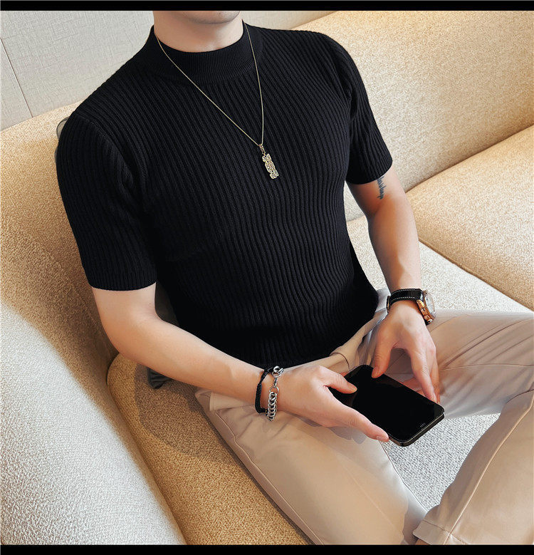 Herren Schwarz Hochgeschlossener Kurzarm Strickpullover Slim Fit_voghion.com