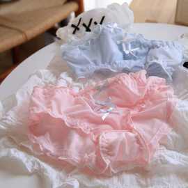 新品新品蝴蝶结透气蕾丝软纱中腰女士内裤纯色透明网纱少女内裤