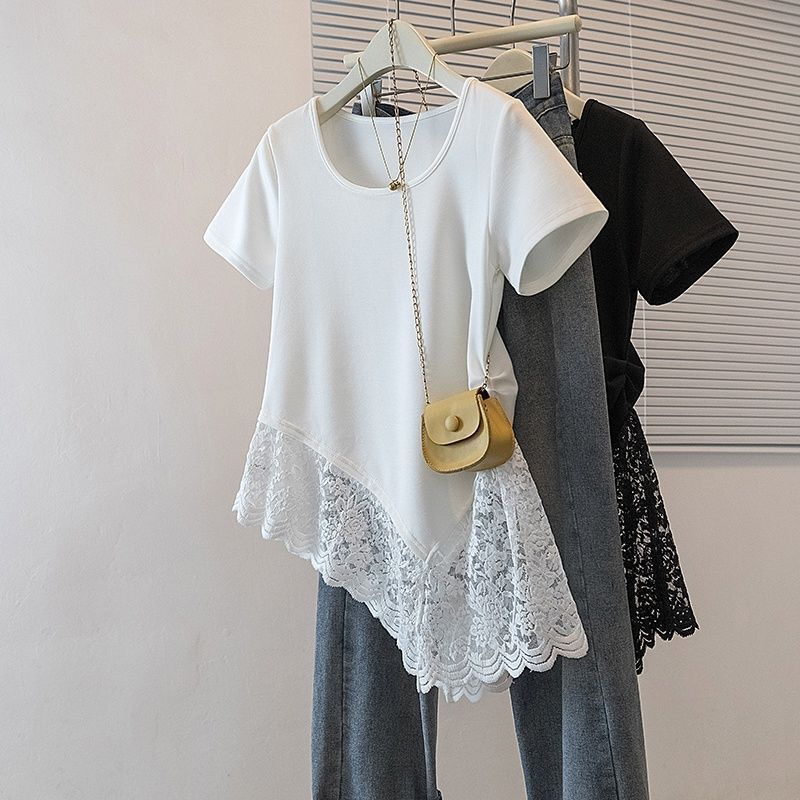 Plus-size Korean-style lace patchwork short-sleeve t-shirt for women, new summer style, loose fit, slimming, fashionable outerwear for women Plus-size Korean-style lace patchwork short-sleeve t-shirt for women, new summer style, loose fit, slimming, fashionable outerwear for women