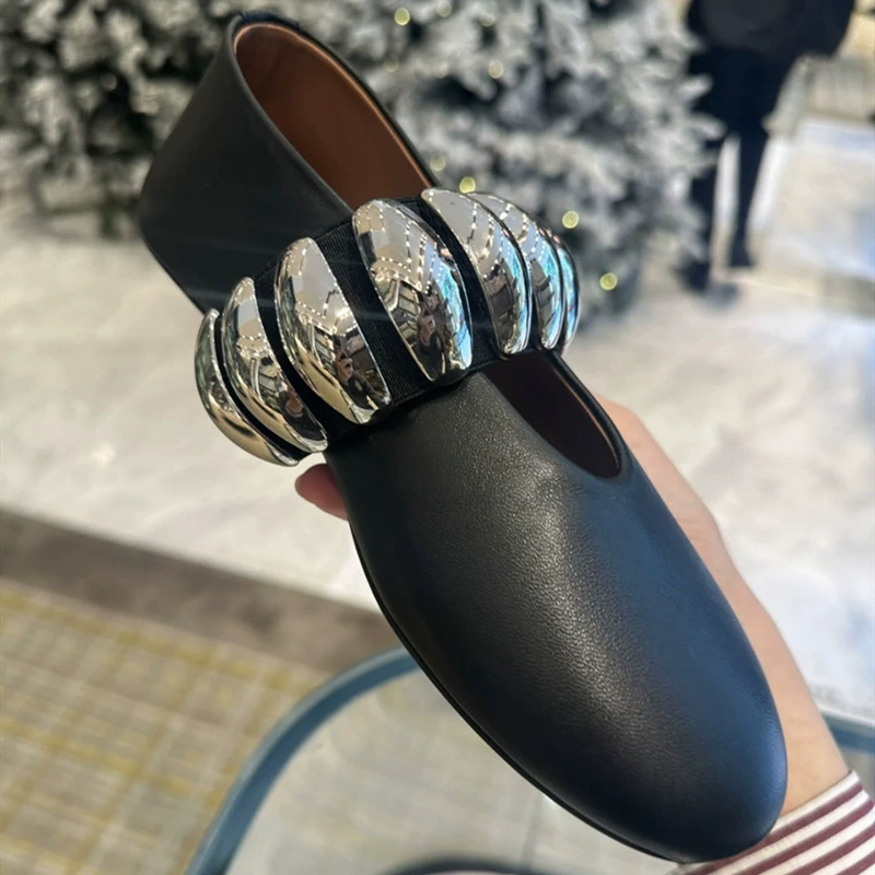 Версия из воловьей кожи ~ Новые европейские и американские туфли на плоской подошве с круглой пряжкой без шнуровки из натуральной кожи, женская обувь на плоской подошве, балетки из металла