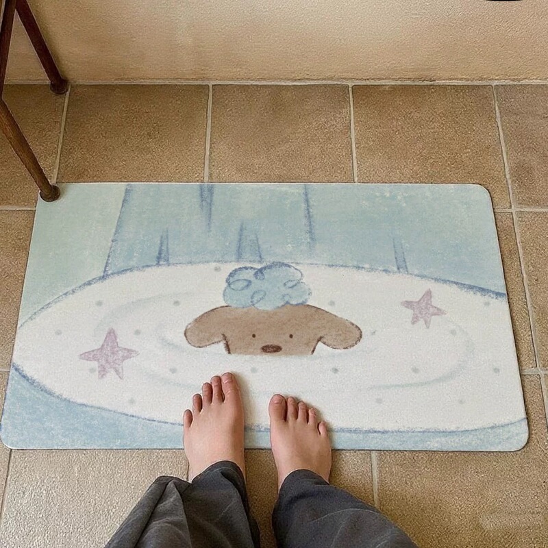 Korean-Style Illustration Bathroom Floor Mat, Diatomaceous Earth Absorbent Mat, Household Bathroom Entrance Anti-Slip Mat, Quick-Drying Non-Slip Floor Mat