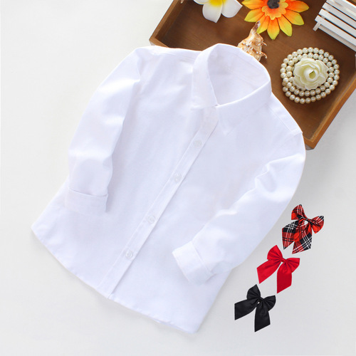 Children's white shirt, girls' long-sleeved top, middle child June 1st performance uniform, base white blouse, primary school uniform