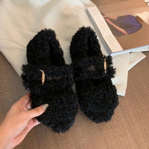 Tamanho grande sapatos peludos para outono e inverno exterior usar nova sola plana internet celebridade encaracolado mais gorro de veludo única mulher_voghion.com