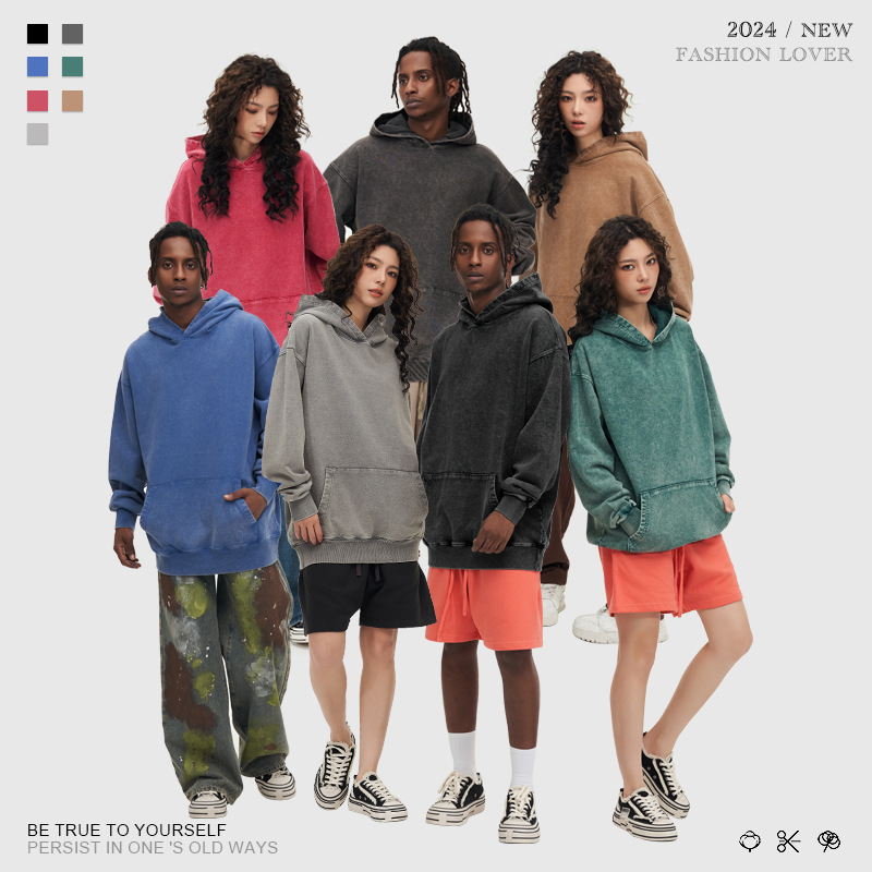 2025 봄/가을 425G 레트로 워싱 빈티지 후드티 블랙 후드 재킷 여성용 아메리칸 스트리트 패션 브랜드 상의 남성용