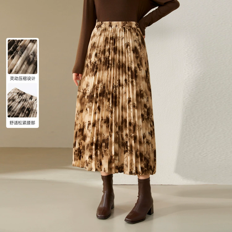 [Литературная печать с цветочным пятном] Плоские большие размеры женские плиссированные юбки тонкие, полуюбки толстые мм зимние новые
