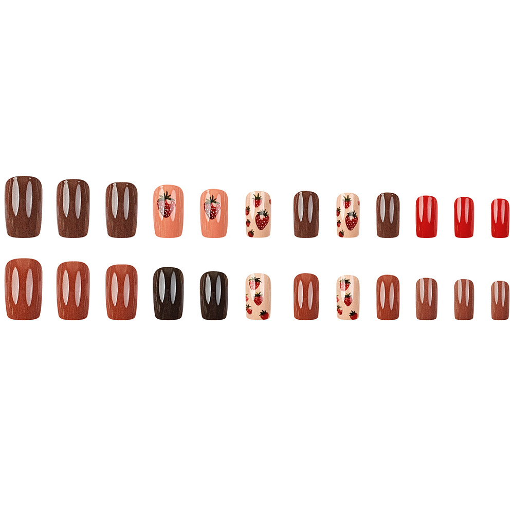 Ventas transfronterizas calientes de color curry manicure simple postre de fresa uñas falsas dulces frescas cuadradas de uñas para usar image 6