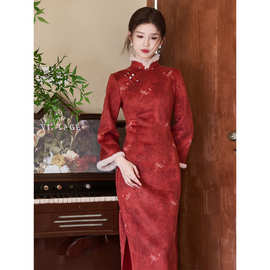 新中式长袖旗袍2025年新款酒红色加绒加厚收腰显瘦气质长款连衣裙