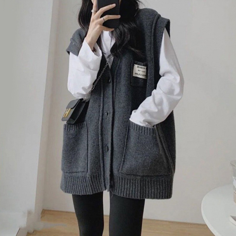 Japanese and Korean Style Casual Neutral Style Grey Pocket Sweater Cardigan Vest Jacket Women's Fall/Winter Stacked V-Neck Knitted Outer Rim Japanese and Korean Style Casual Neutral Style Grey Pocket Sweater Cardigan Vest Jacket Women's Fall/Winter Stacked V-Neck Knitted Outer Rim