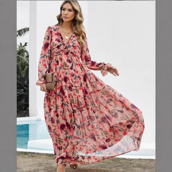 2025 Cross-Border Export New Long-Sleeved European and American Fashion Fashion Printed Fairy Long Elegant Evening Dress 2025 Cross-Border Export New Long-Sleeved European and American Fashion Fashion Printed Fairy Long Elegant Evening Dress