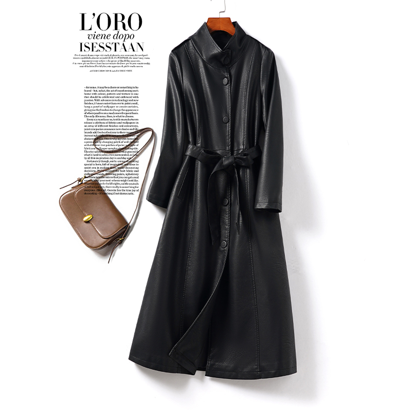 Genuine Leather Women's Mid-Length Stand-Up Collar Lace-Up Waist Black Slimming Autumn and Winter New Haining Classy Goatskin Jacket