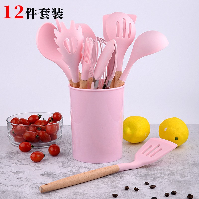 Cocina olla antiadherente cubo de almacenamiento juego de utensilios de cocina de silicona juego de 12 piezas de utensilios de cocina con mango de madera olla de silicona cuchara utensilios de cocina de silicona