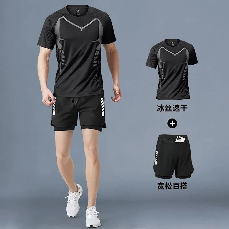夏季运动套装男可放手机速干短袖短裤跑步健身篮球训练服套装|undefined