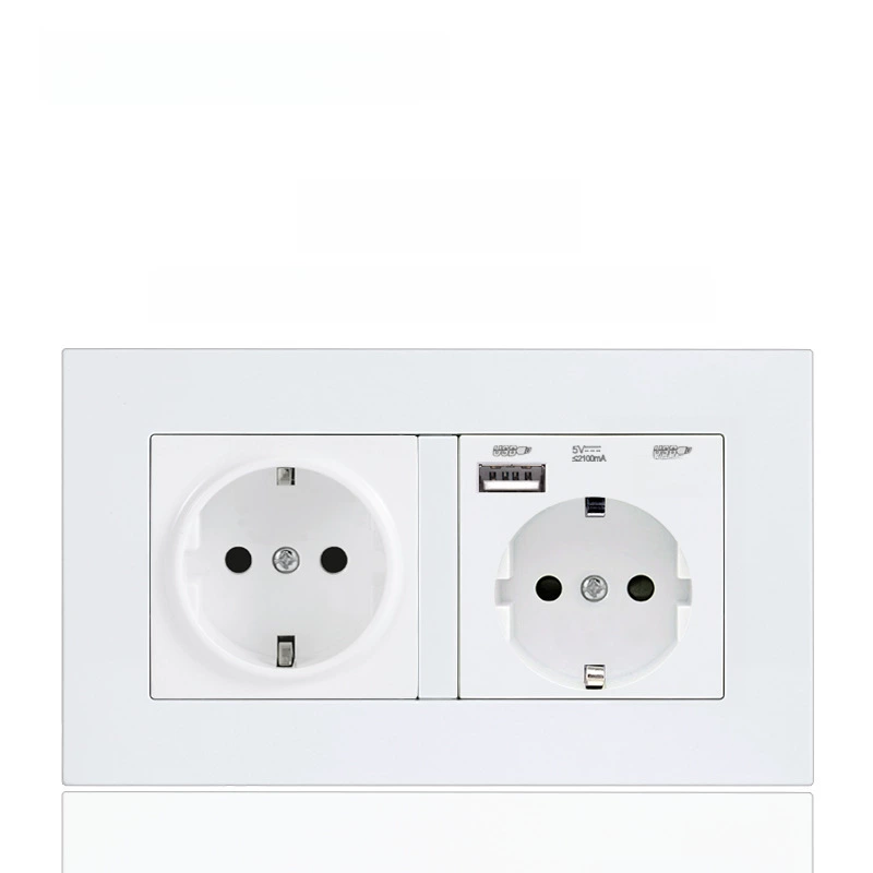 Dual European socket panel 16A, dual USB charging, multiple finishes (German/French, glass/metal)