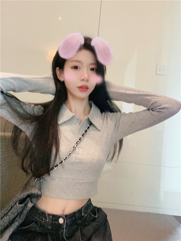 法式气质POLO领长袖短款T恤女秋新款修身显瘦辣妹内搭打底衫上衣|undefined