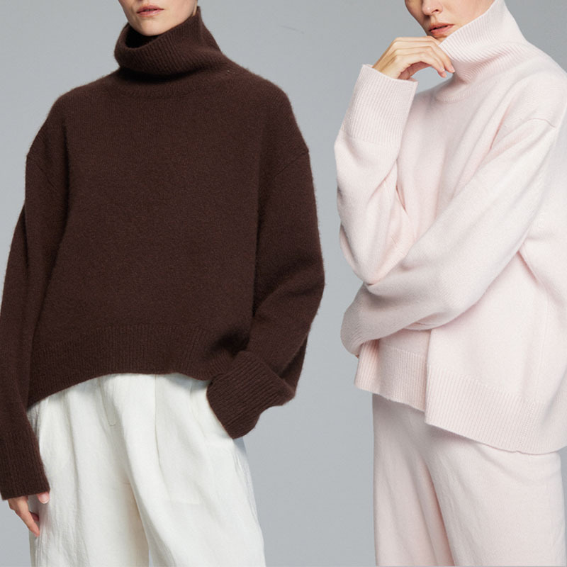 Autumn and Winter Lazy Style Heavy Cashmere Turtleneck Knitted Sweater Loose Pullover Solid Color All-match Knitted Sweater Women