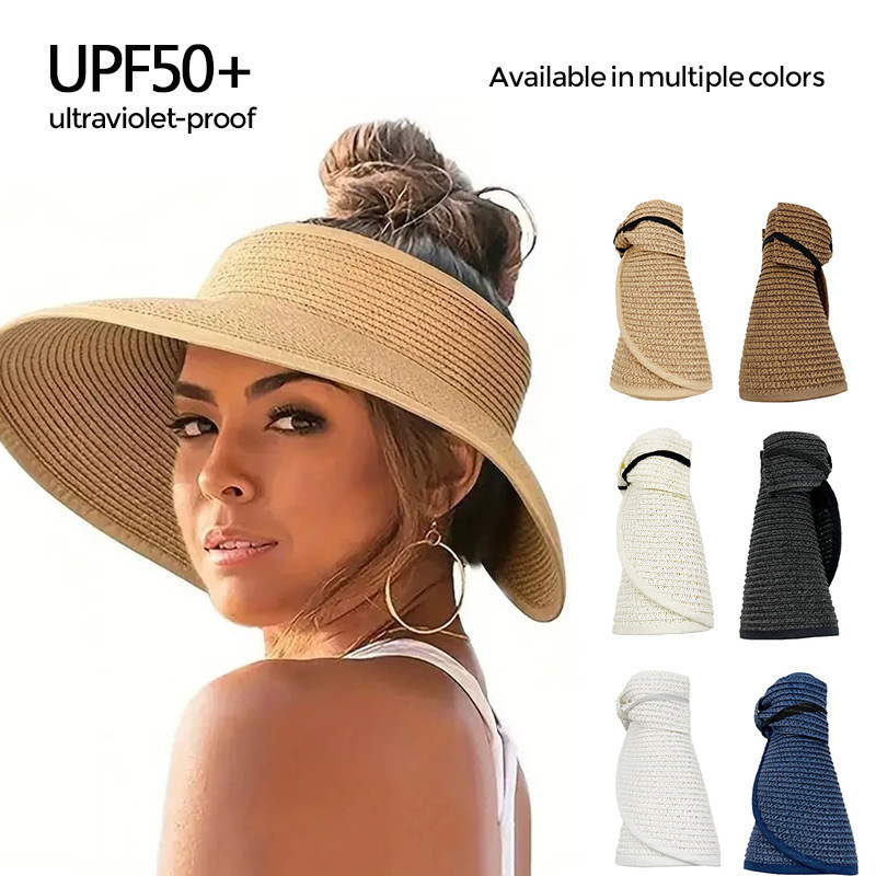 Cross-border Straw Hat Summer Seaside Beach Hat Sunscreen Hat Sunshade Empty Hat UV-resistant Face-shading Sun Hat