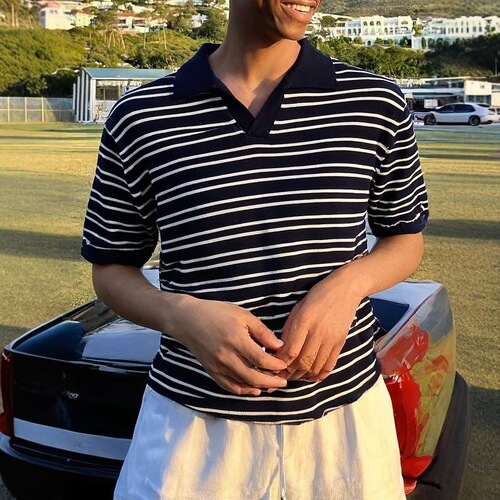 2025 Summer V-Neck Ice Silk Striped Polo Shirt for Men, Simple and Fashionable, Turn-up Collar Short Sleeve T-Shirt