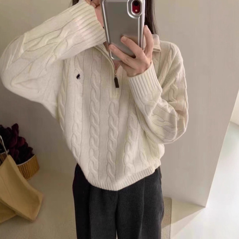 跨境秋冬半拉链麻花刺绣针织外套女2025款韩系慵懒风小马休闲毛衣|undefined