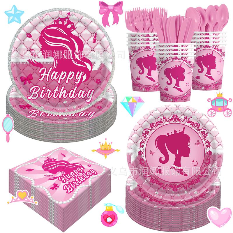 Cross-Border Hot Selling Pink Barbie Theme Party Birthday Set Paper Cup Paper Plate Paper Towel Tablecloth Knife Fork Spoon Set