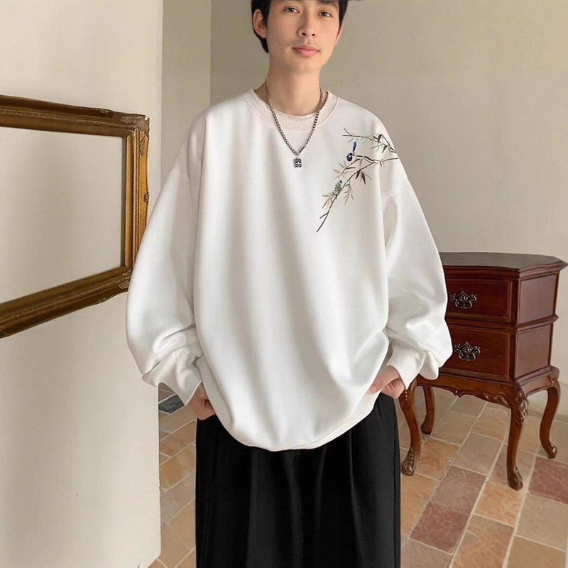 Good-Looking Sweatshirt American Heavyweight Sweatshirt Men's Spring and Autumn Long-Sleeved New Chinese Style Bamboo Print Design Long-Sleeved