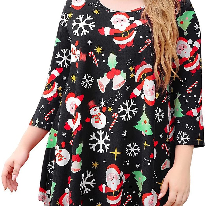 2025年アマゾン欧米女性用大きいサイズクリスマスプリントOネック長袖Tシャツトップス|undefined