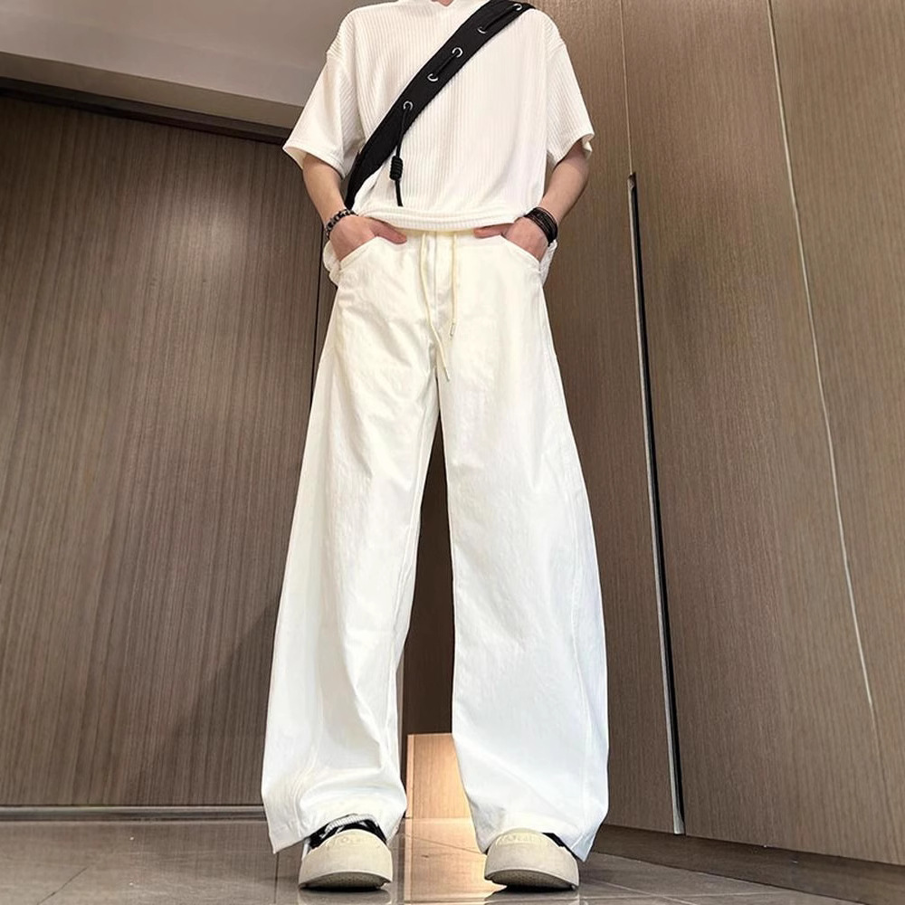 American-Style Cropped Casual Pants for Men, Spring and Summer Trendy High Street Scimitar Pants, Plus-Size Loose Straight Wide-Leg Long Pants