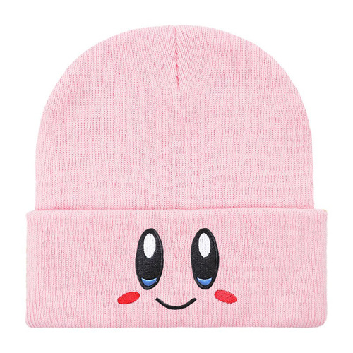 Eye-catching smiley cartoon cute college-style knitted hat, soft pink star-shaped Kirby embroidery expressive versatile yarn hat