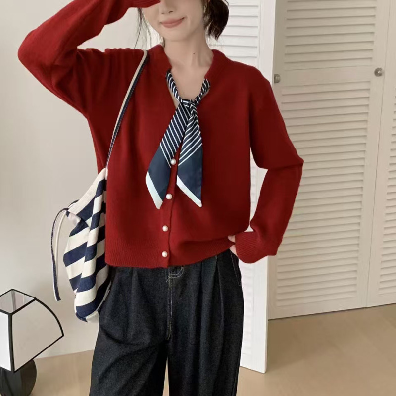 慵懒风洋气v领丝巾针织开衫女2025秋季款舒适百搭减龄休闲上衣潮|undefined