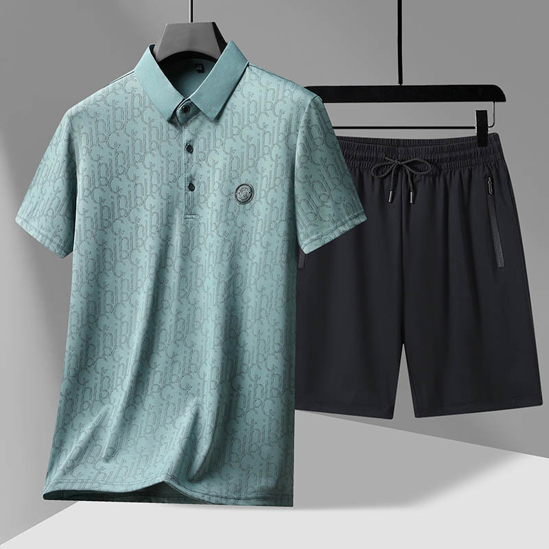 Men's Casual Sports Suit Summer Loose-Fitting Ice Silk Thin Elastic Middle-Aged Dad T-Shirt Two-Piece Set
