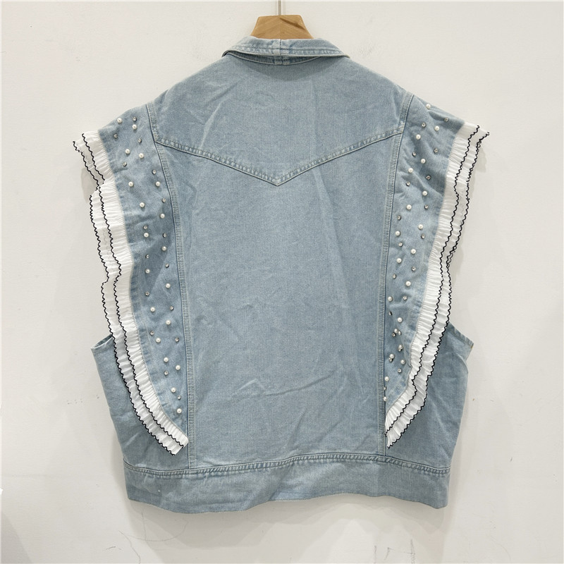 2024 industria pesada sequinilla borde de loto empalme cuentas de encaje sueltas versátiles lavado con agua jeans azul clip cardigan chaqueta