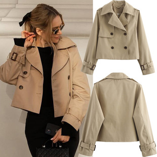 Cross-Border Exclusive Autumn New Women's Trench Coat European and American Fashion Short Lapel Double-Breasted Long-Sleeve Jacket Coat