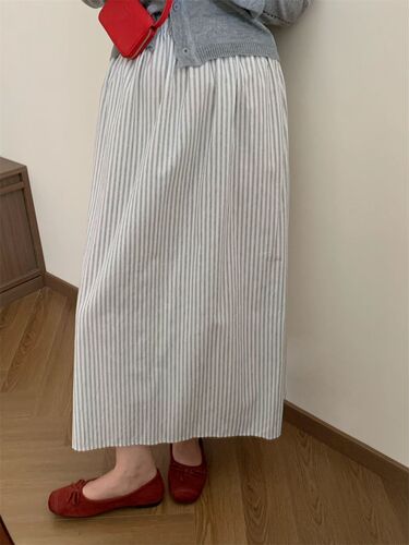 Slimming High-Waisted Striped Medium-Length Semi-Skirt for Summer and Autumn, New Arrival Elastic Waist Dress, Chinese Traditional Style