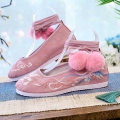 Hanfu shoes with round heads, cute pom-pom girl ancient costume dance national trend national style lady embroidered fabric shoes