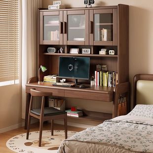 Nordic Solid Wood Desk Bookshelf Integrated Table Student Home Bookcase Combination Study Table Small Apartment Bedroom Computer Table