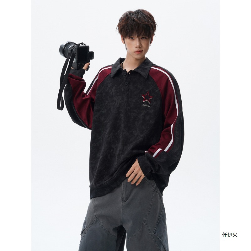 Vintage-style oversized T-shirt with a relaxed fit, polo collar, and a cool, retro vibe. Men's American-style loose-fit sweatshirt
