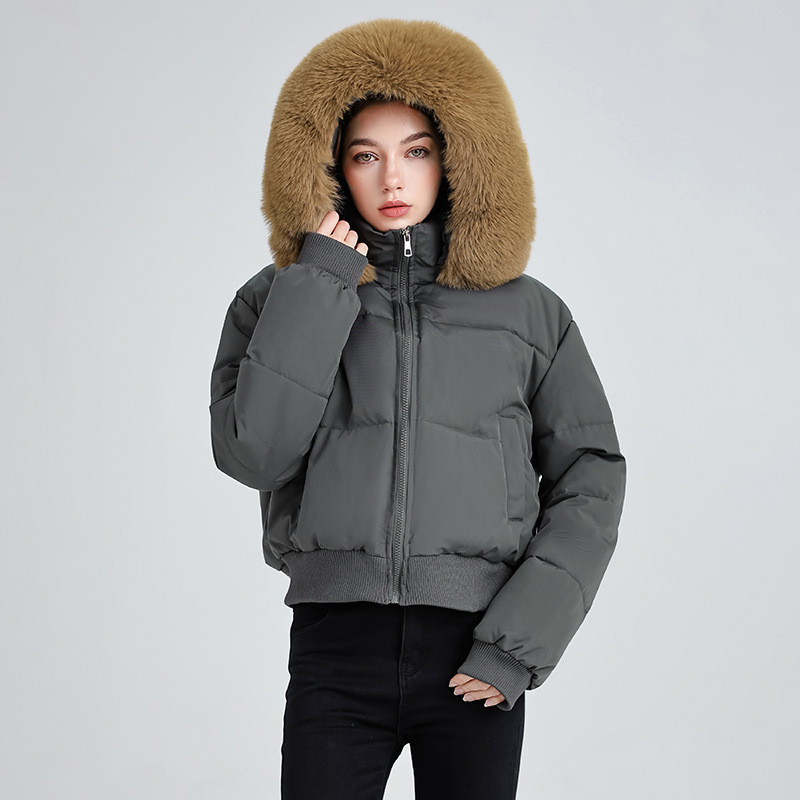 欧美外贸藏青色设计感连帽毛领棉服女冬季新款短款棉衣面包服外套|undefined