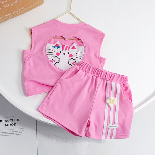 Girls Sleeveless Suit  New Summer Clothing Children's Shorts Cartoon Cat Thin Style Baby Girl Western Style Two-piece Set