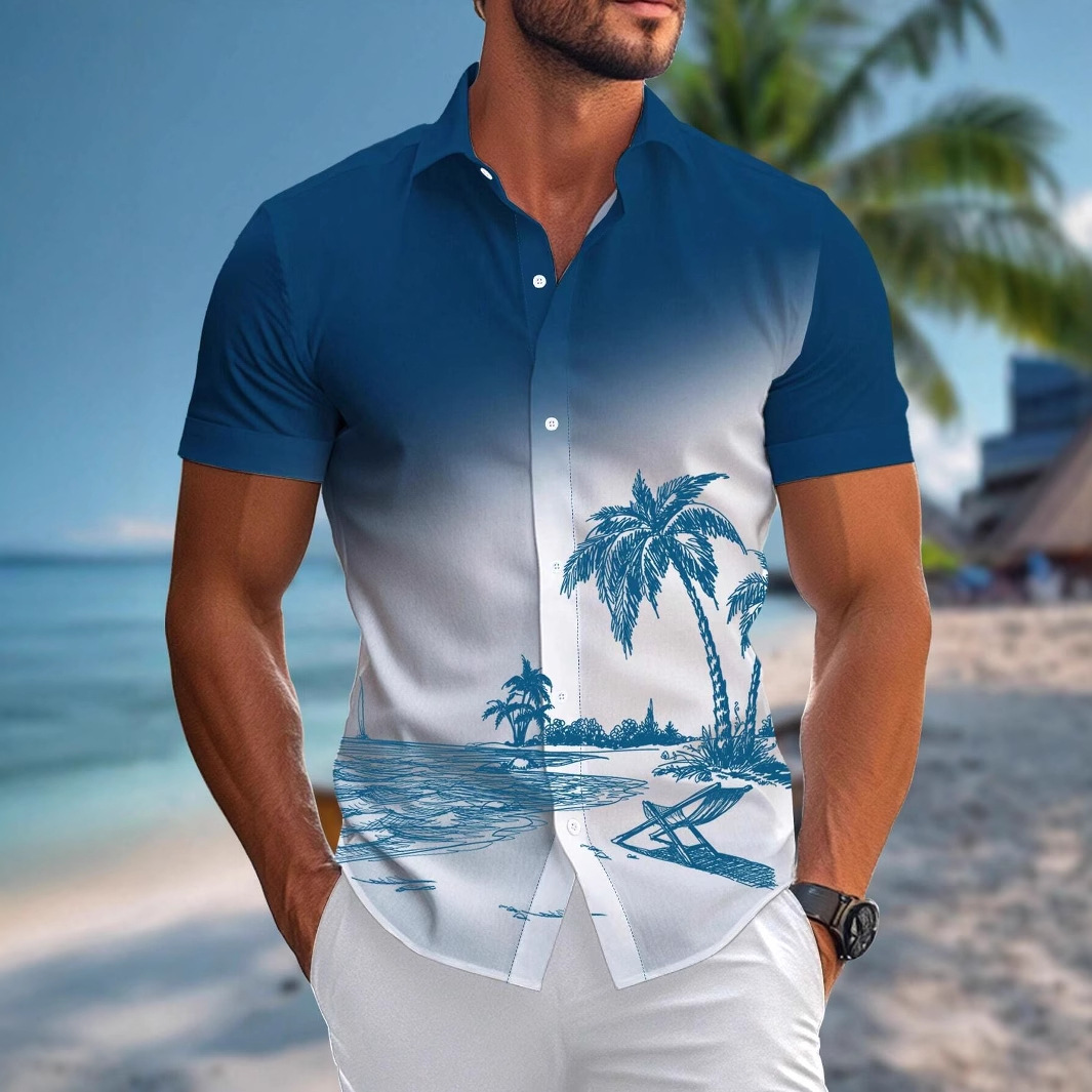 Ropa de hombre de comercio exterior de estilo europeo y americano 2024 nueva camisa de manga corta con patrón de árbol de coco de moda casual de todo fósforo MB1