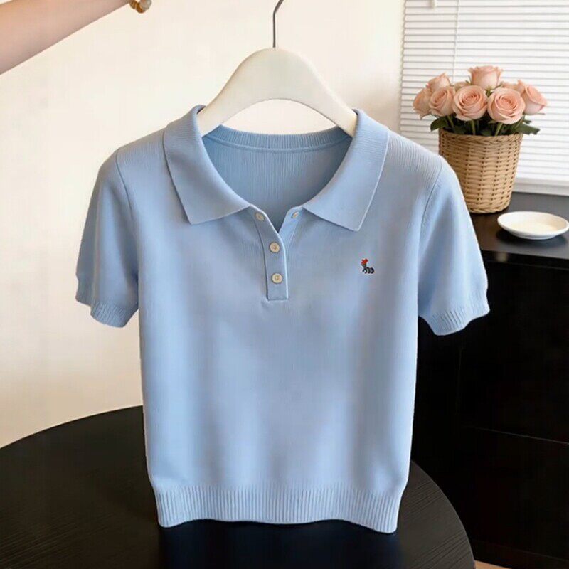 Áo thun nữ cổ ve dệt kim tay ngắn form gọn — Màu ảnh chi tiết 1