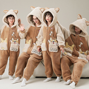 Parent-Child One-Body Pajamas Autumn and Winter Thickened Coral Fleece Family of Three Flannel Cartoon Hooded Warm Home Clothes