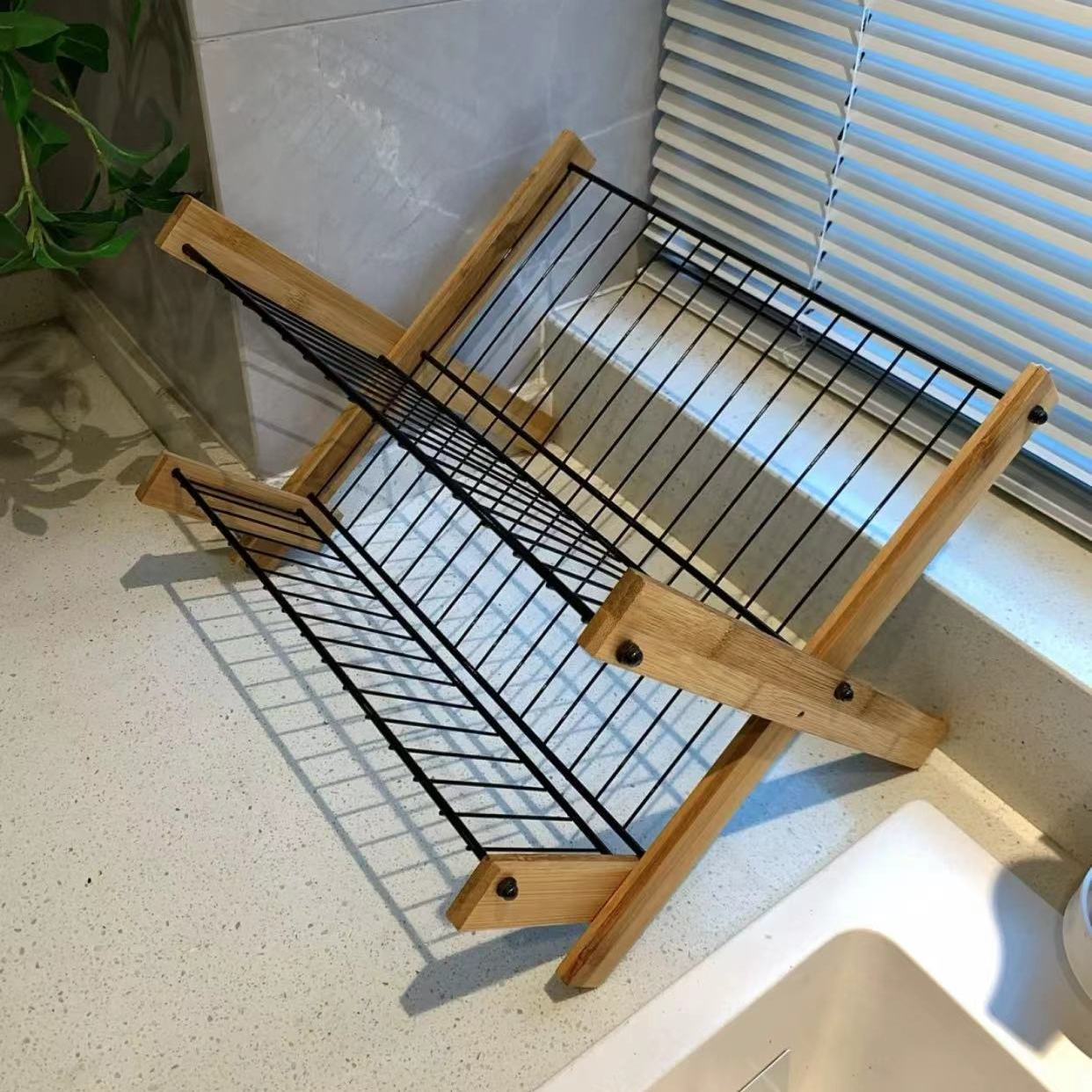 Rejilla de almacenamiento de platos plegable de estilo explosivo de celebridades de Internet, rejilla de drenaje de bambú, encimera, rejilla de cocina multifuncional, multicapa