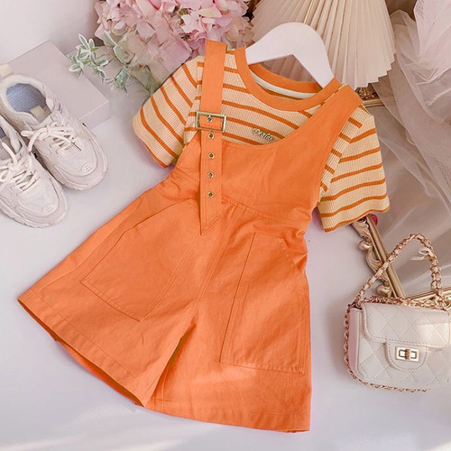 Hottest Trendy Girl's Summer Set 2024 New Children Striped Short Sleeve Girl's Stylish Overalls Two-Piece Set
