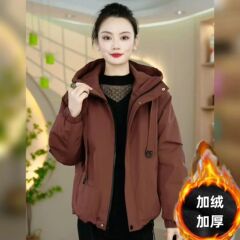 安可拉红2025冬新款防风休闲连帽外套大码宽松显瘦加厚派克服外套