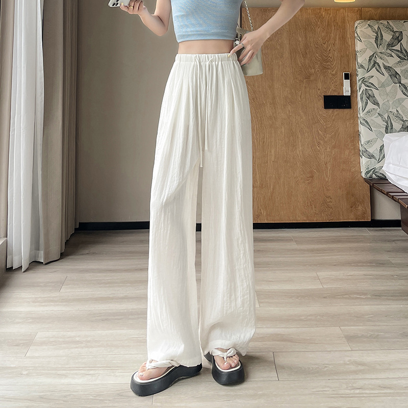 女性用のレイジーリラックスコットンとリネンのワイドレッグパンツ、ハイエンドのホワイトリネンパンツ、夏用の薄い伸縮性ウエストカジュアルフロアレングスパンツ|undefined