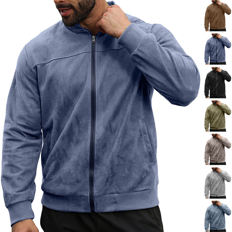 European and American style spring/autumn suede stand-up collar cardigan with soft texture, full zipper, loose fit, men's commuter sports jacket European and American style spring/autumn suede stand-up collar cardigan with soft texture, full zipper, loose fit, men's commuter sports jacket