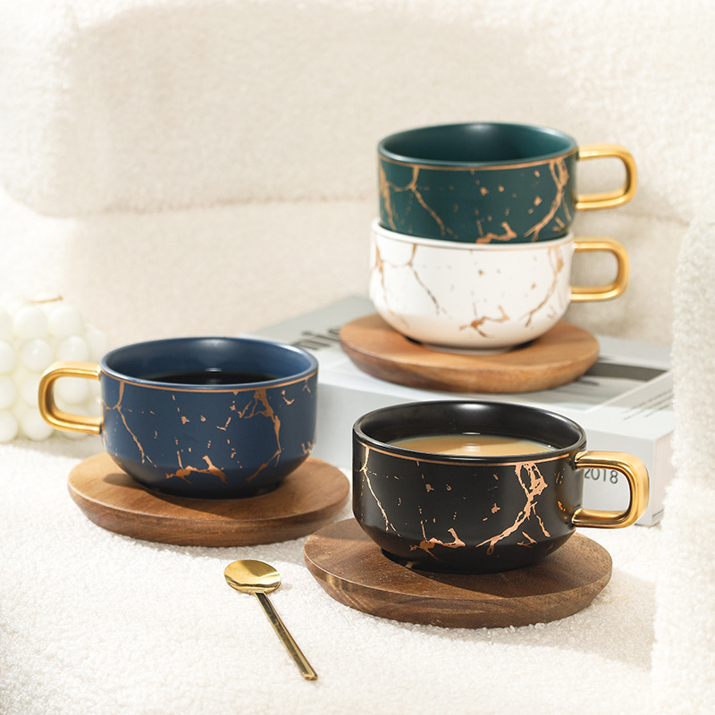 Juego de tazas y platillos de café de cerámica minimalista moderno, taza de mármol, taza de leche de desayuno para el hogar, taza y platillo creativos