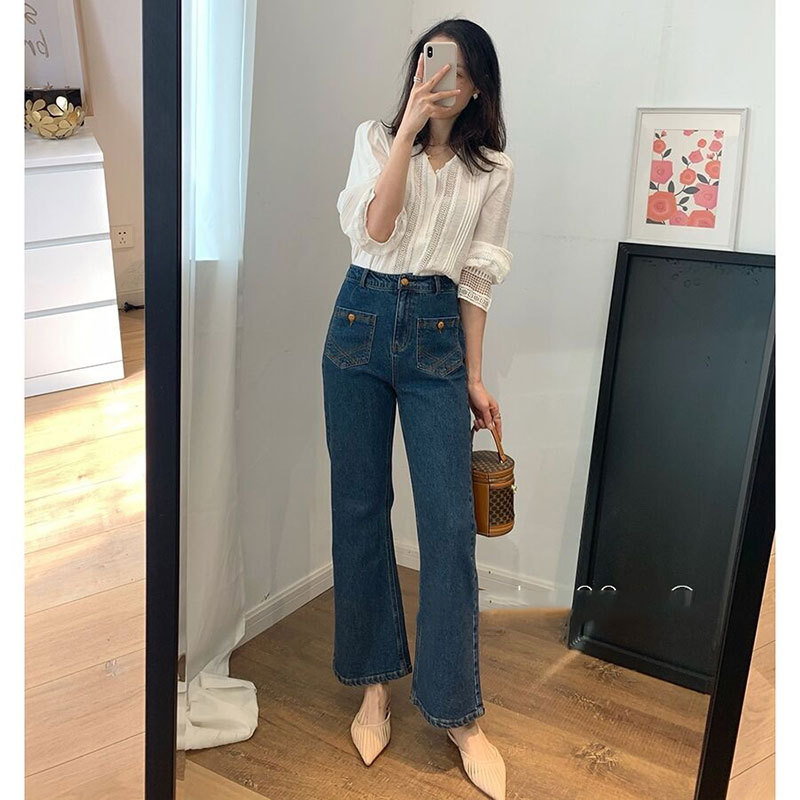 哥家商场同款女装2025春夏季复古微喇叭牛仔裤女秋设计感高腰百搭|undefined