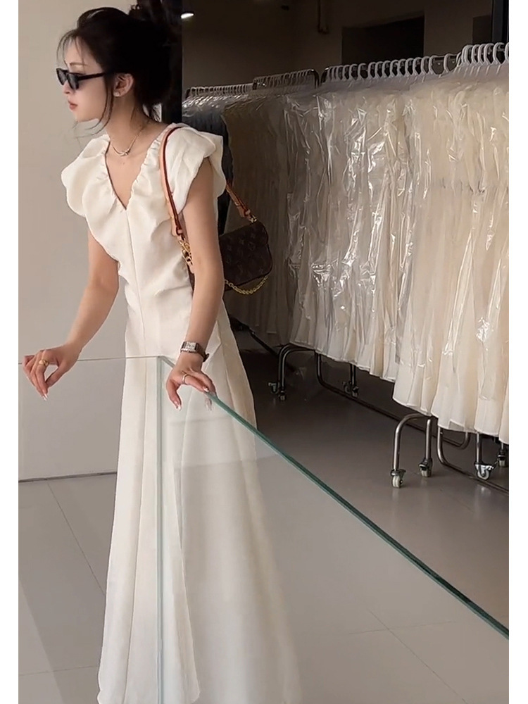 Đầm maxi nữ thắt eo tay ngắn phong cách Hepburn Pháp — Màu trắng