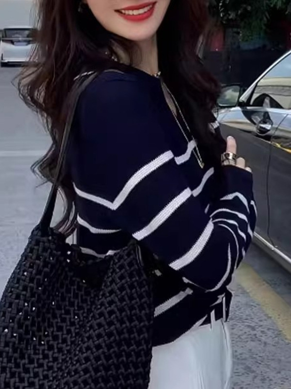藏青色条纹polo领长袖针织衫女早秋季设计感小众翻领宽松显瘦上衣|undefined